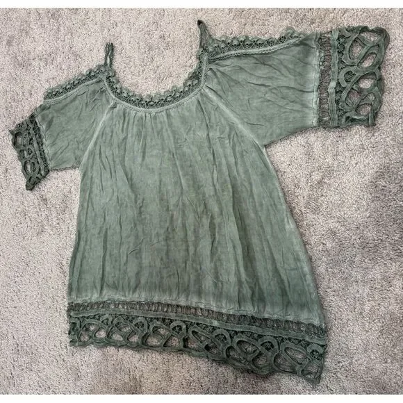 Belle France Green Lace Tunic Top Woman's Sz L Whimsy Goth Fairy Knit Italy - Picture 10 of 12
